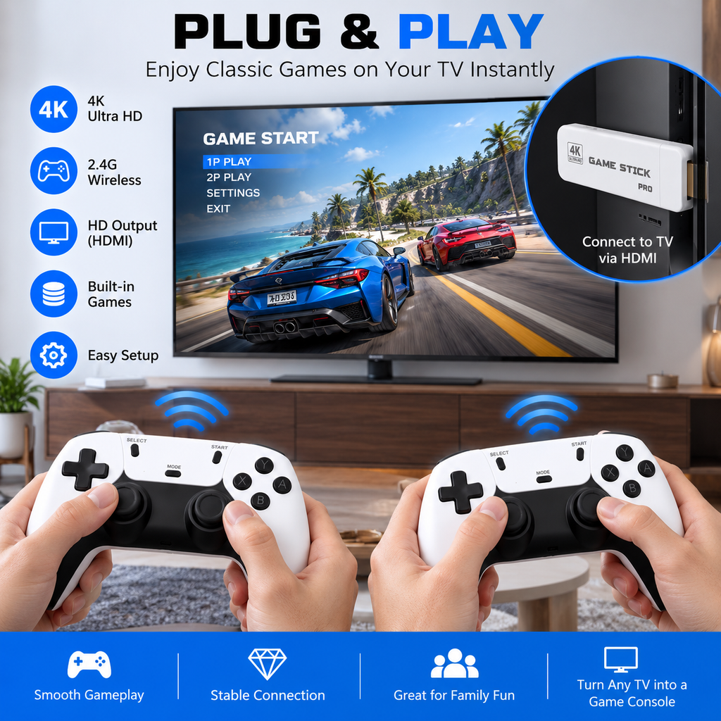 Retro Game Stick 4K Wireless Video Game Console with 40000 Games and 26 Emulators Dual 2.4G Wireless Controllers
