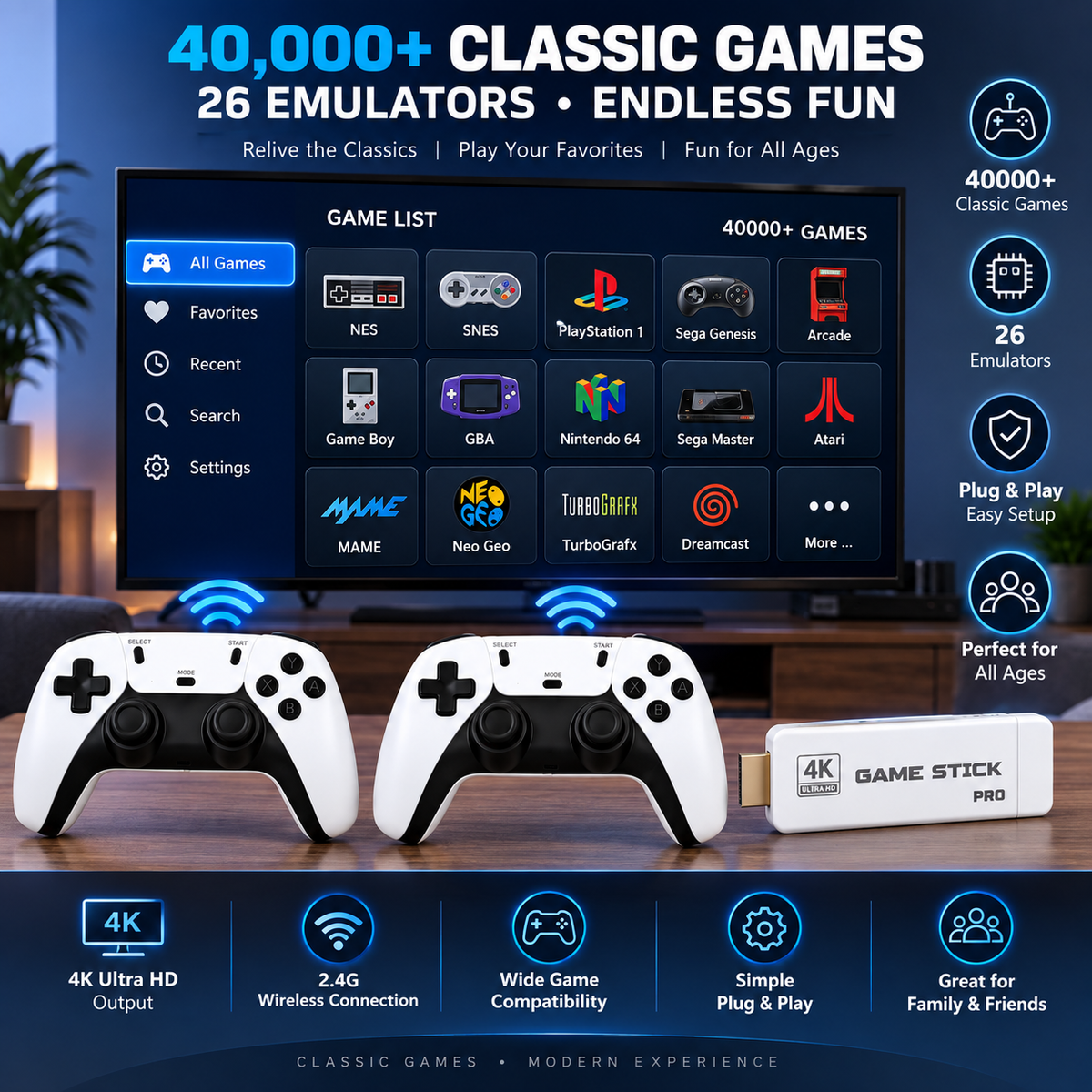 Retro Game Stick 4K Wireless Video Game Console with 40000 Games and 26 Emulators Dual 2.4G Wireless Controllers
