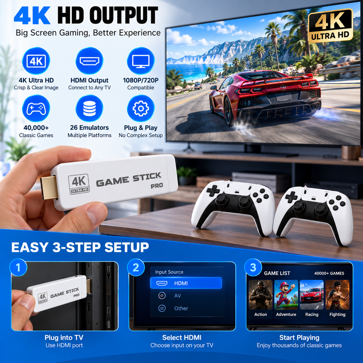Retro Game Stick 4K Wireless Video Game Console with 40000 Games and 26 Emulators Dual 2.4G Wireless Controllers