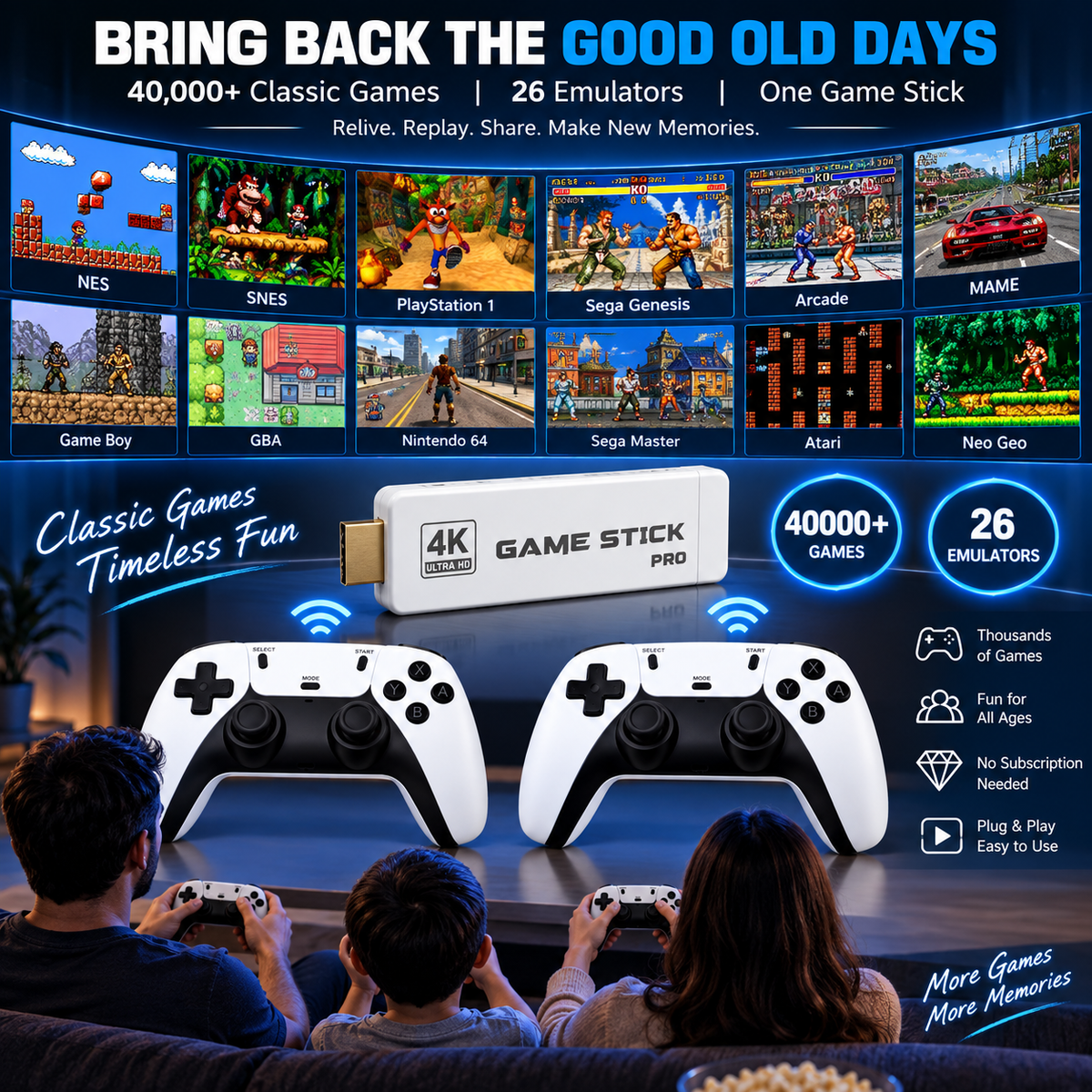 Retro Game Stick 4K Wireless Video Game Console with 40000 Games and 26 Emulators Dual 2.4G Wireless Controllers