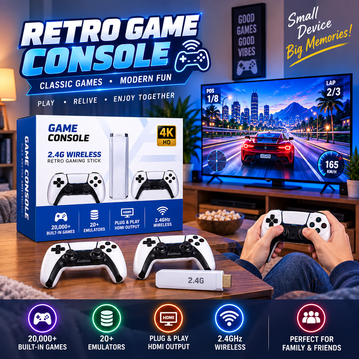 Retro Game Stick 4K Wireless Video Game Console with 40000 Games and 26 Emulators Dual 2.4G Wireless Controllers