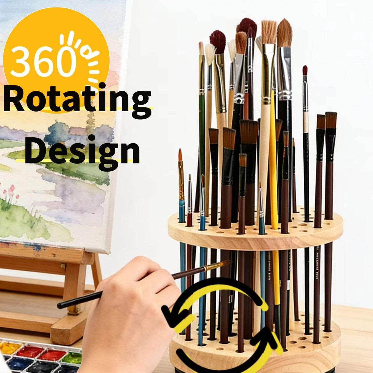 360° Rotating Paint Brush Holder, 72-Hole Hardwood Desk Organizer