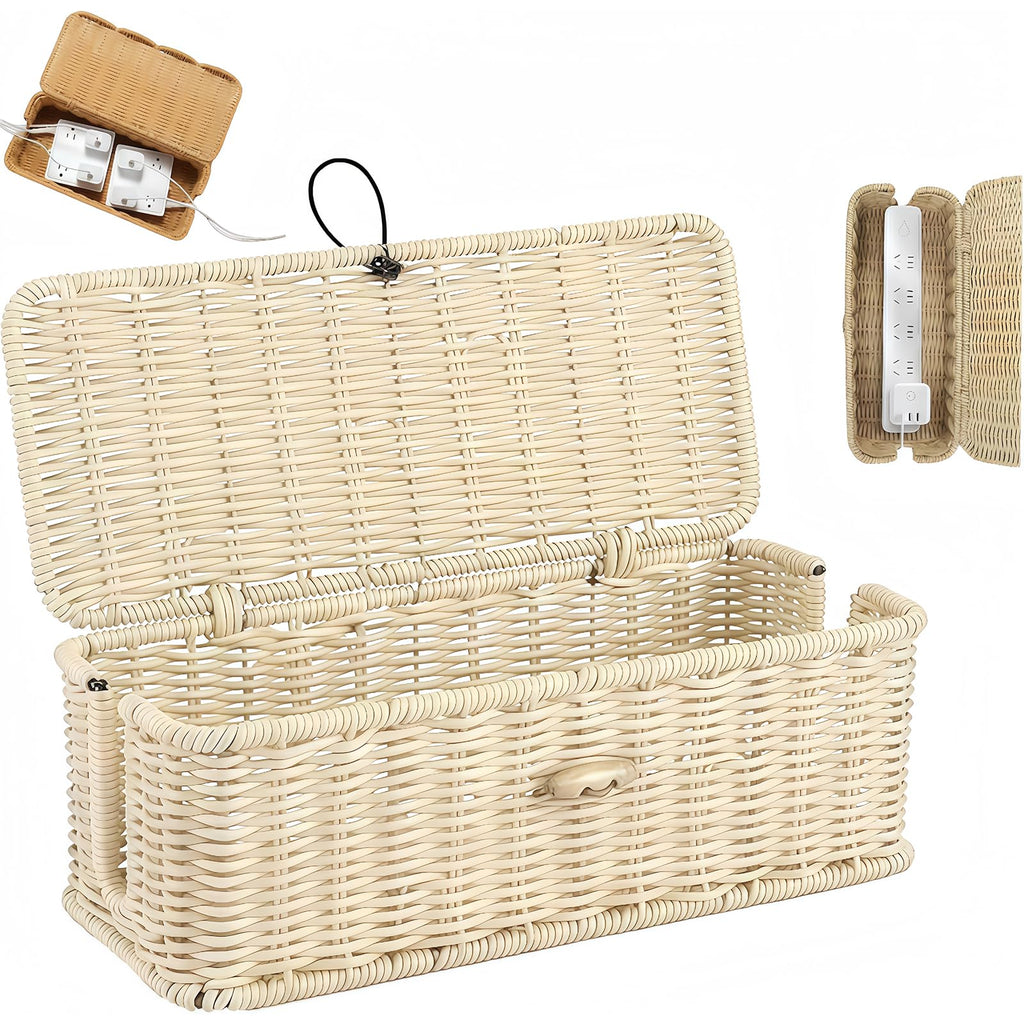 Handwoven Rattan Cable Management Box, Rattan Cable Organizer, Wicker Cable Management Box, for Cables, Chargers, Electronics (White)