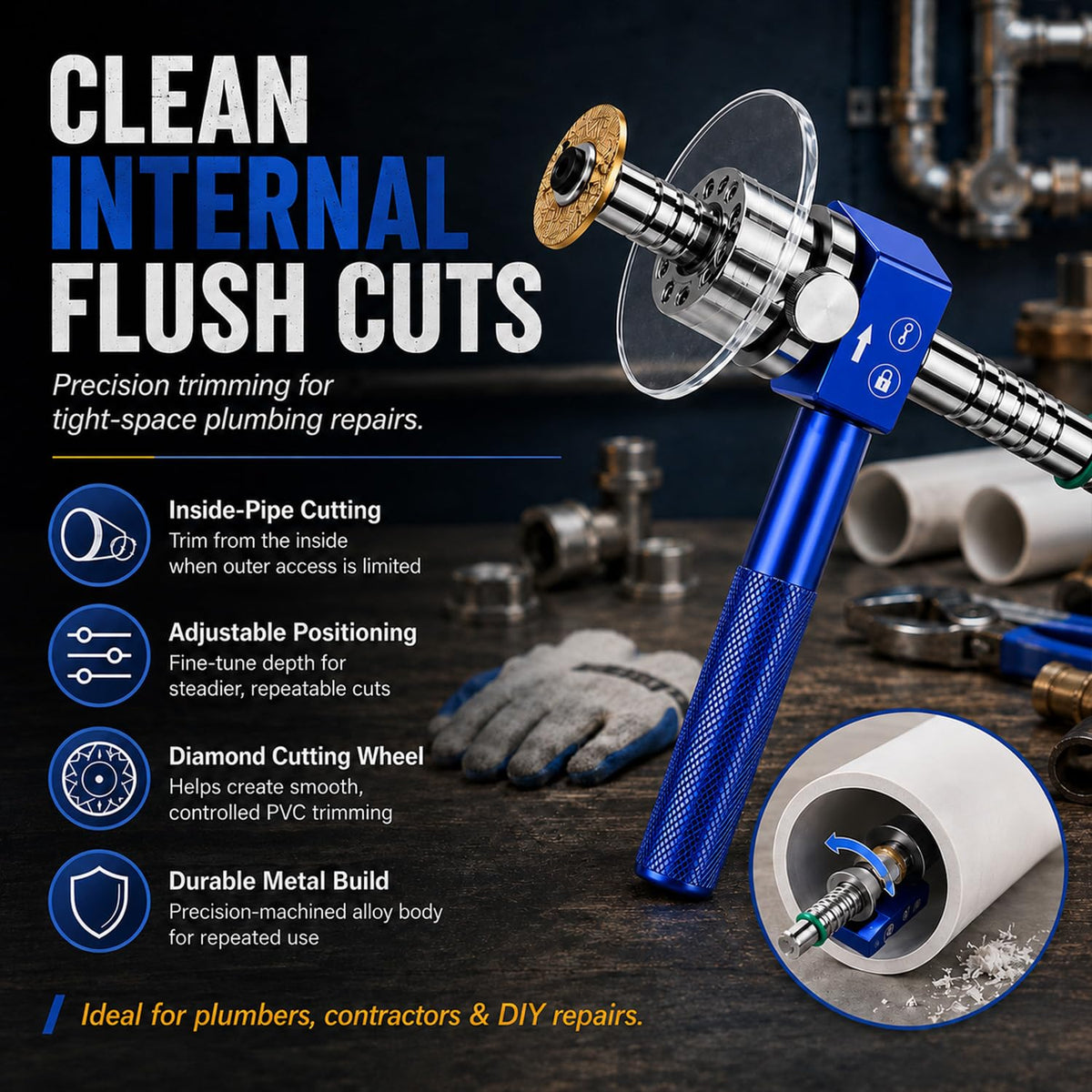 Precision PVC Internal Pipe Cutter, 1-1/4" PVC Inside Pipe Cutter Tool