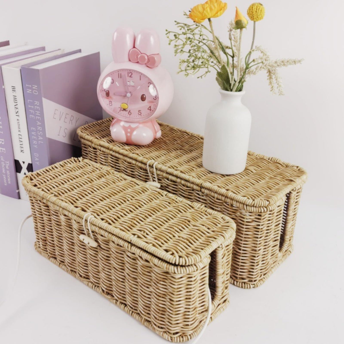 Handwoven Rattan Cable Management Box, Rattan Cable Organizer, Wicker Cable Management Box, for Cables, Chargers, Electronics (White)
