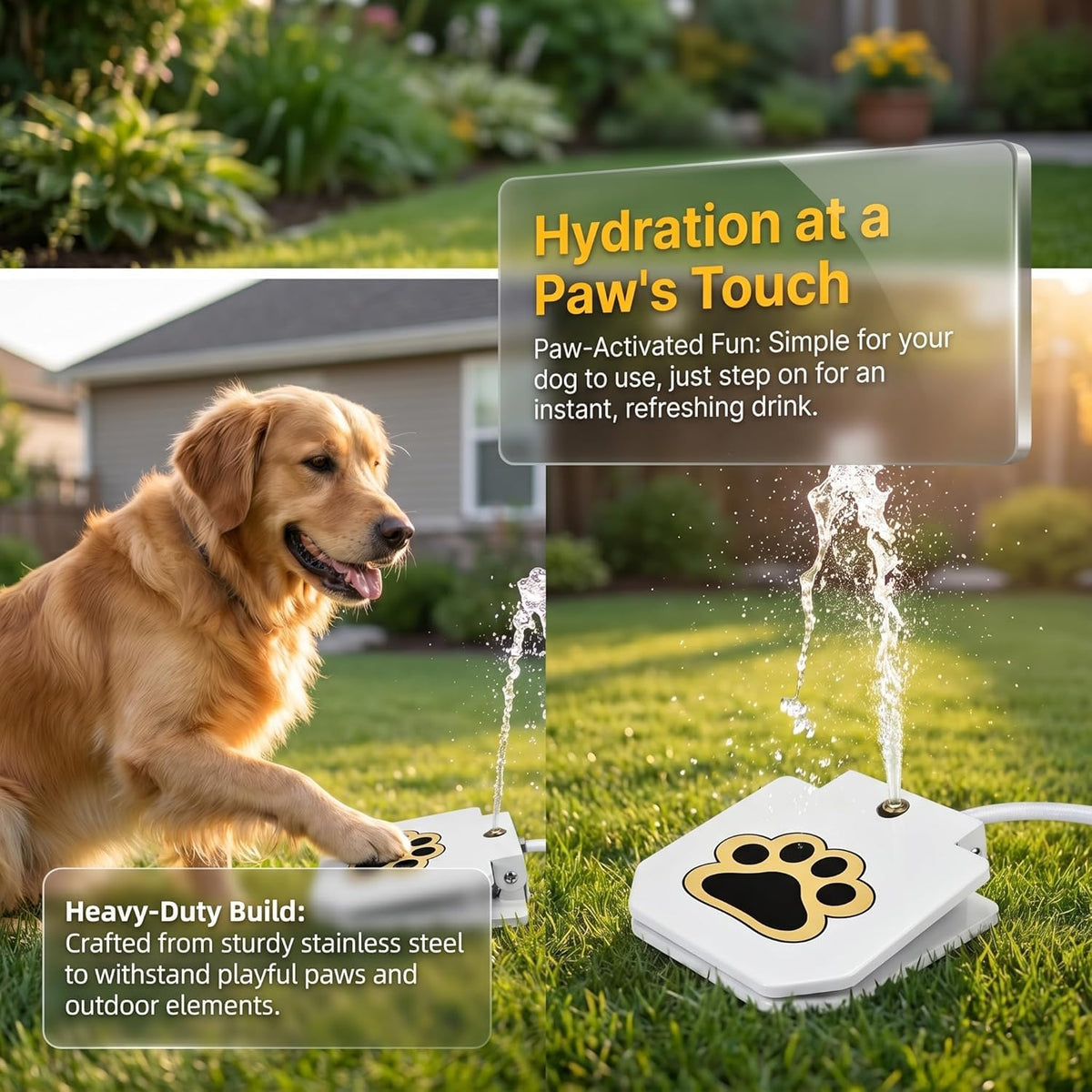 Paw Activated Outdoor Dog Water Fountain, Heavy-Duty Sprinkler with Brass Valve