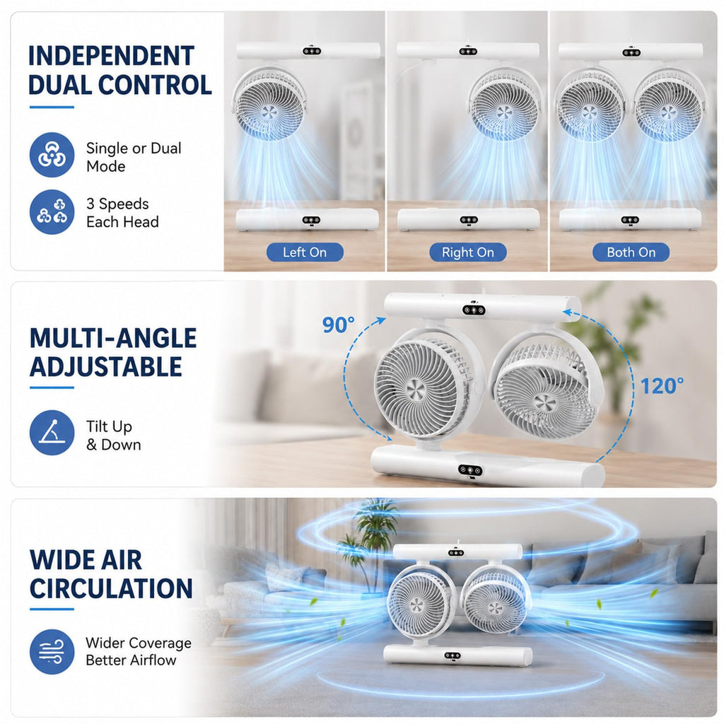 Dual Head Ceiling Fan 2-in-1 USB Desk Fan, 3-Speed Quiet Airflow with Light (White)