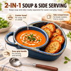 Soup and Sandwich Bowls Combo, Ceramic Soup Bowls with Bread Holder (Blue)