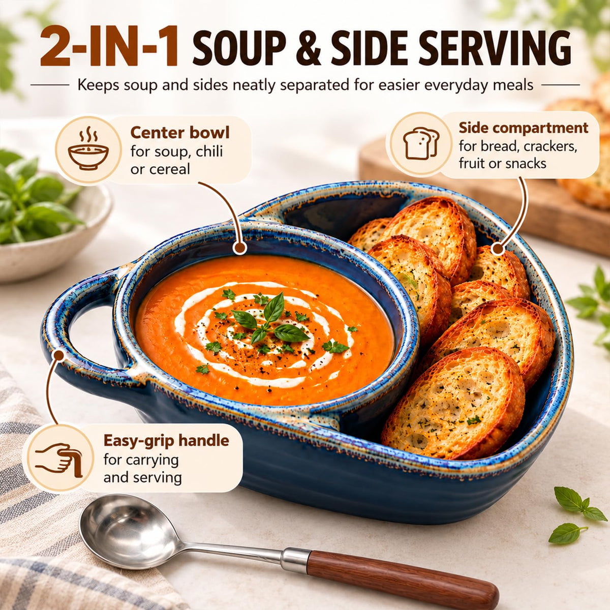 Soup and Sandwich Bowls Combo, Ceramic Soup Bowls with Bread Holder (Blue)
