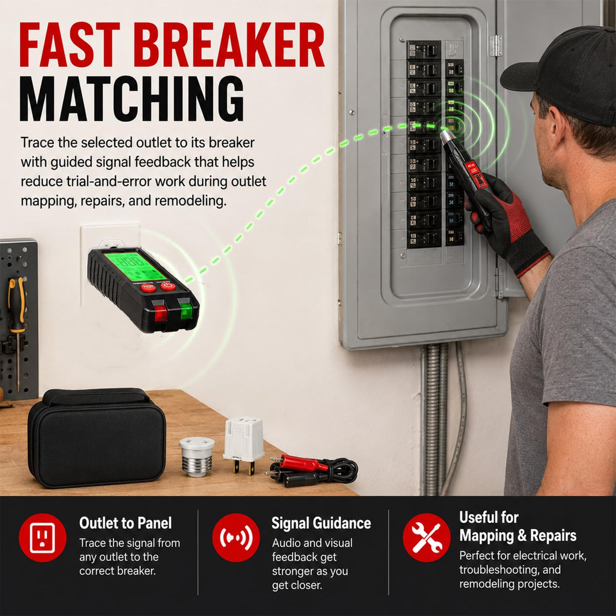 Digital Circuit Breaker Finder and Outlet Tester Kit with LCD Display