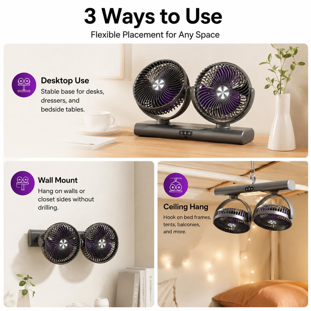 Dual Head Ceiling Fan 2-in-1 USB Desk Fan, 3-Speed Quiet Airflow with Light (White)