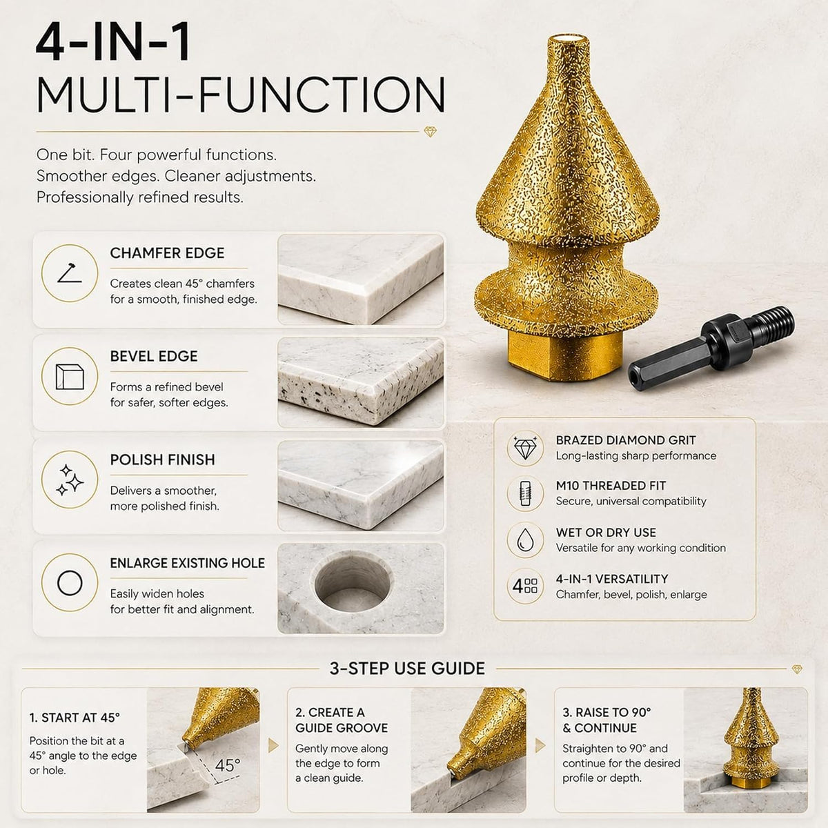 Diamond Chamfering Bit for Angle Grinder, 4-in-1 Brazed Diamond Tile Grinding Tool
