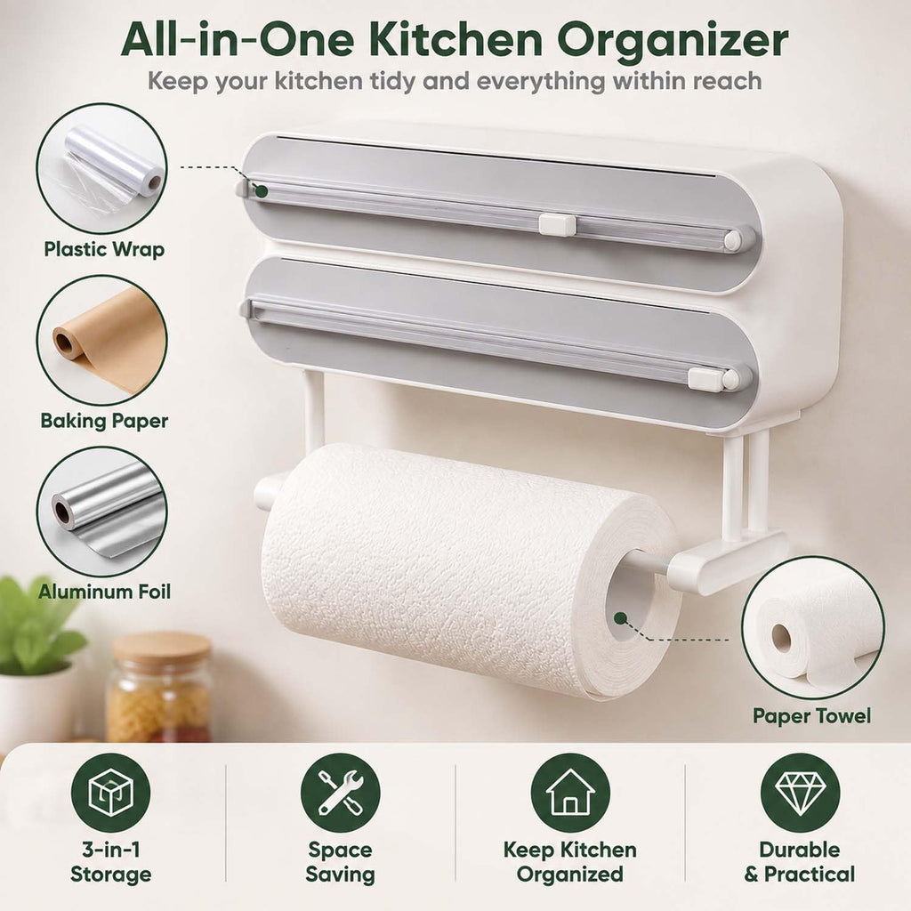 Magnetic Foil & Plastic Wrap Organizer, 3-in-1 Dispenser with Cutter (B, XL)