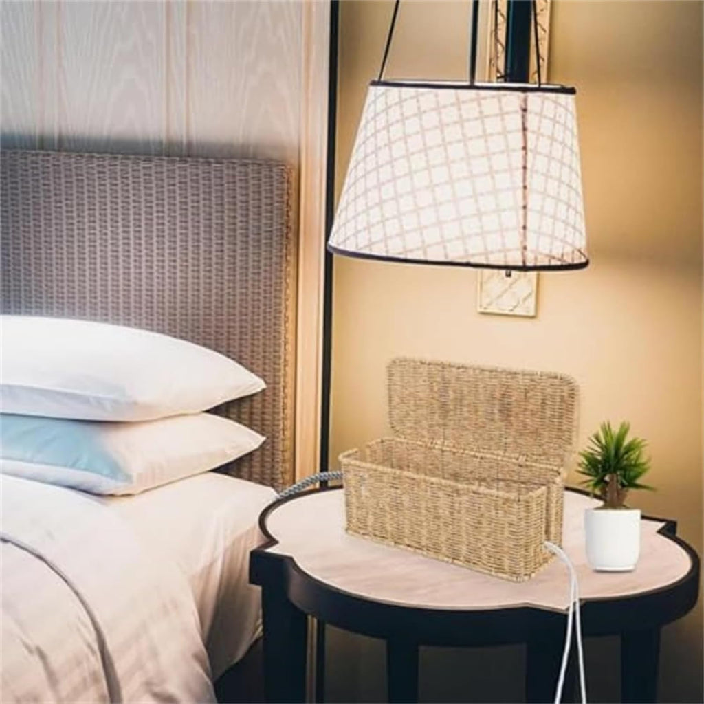 Handwoven Rattan Cable Management Box, Rattan Cable Organizer, Wicker Cable Management Box, for Cables, Chargers, Electronics (White)
