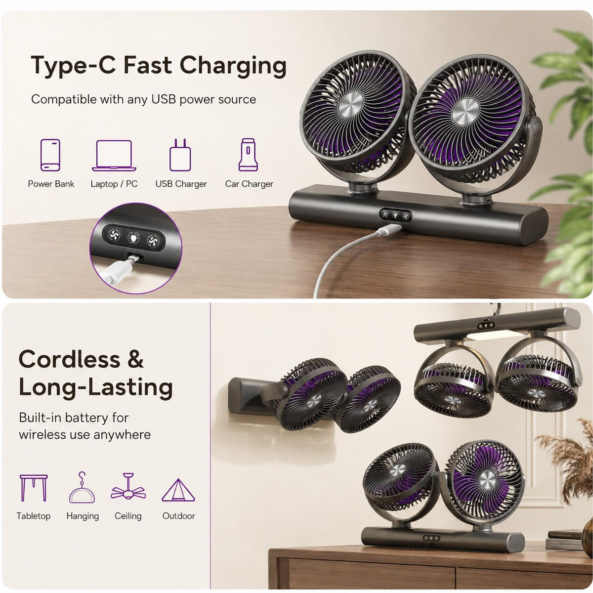 Dual Head Ceiling Fan 2-in-1 USB Desk Fan, 3-Speed Quiet Airflow with Light (White)