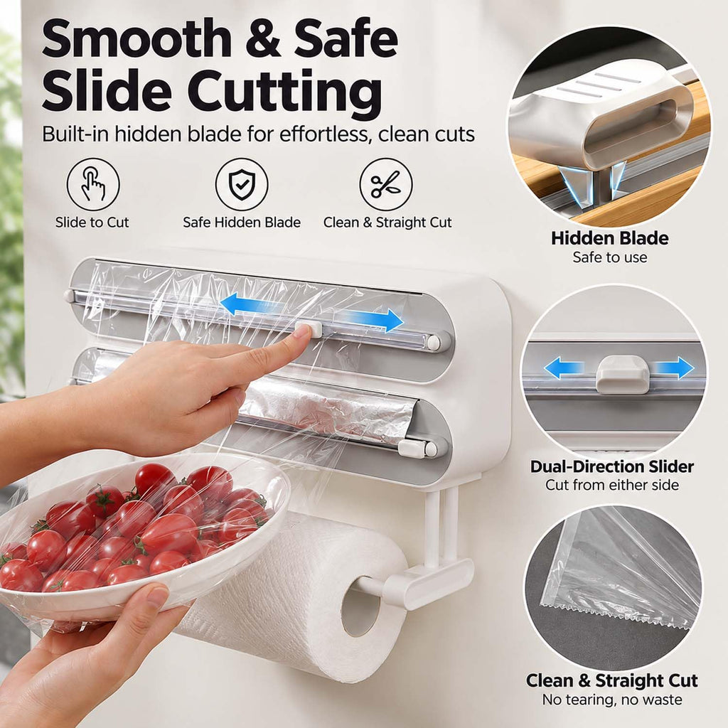 Magnetic Foil & Plastic Wrap Organizer, 3-in-1 Dispenser with Cutter (B, XL)
