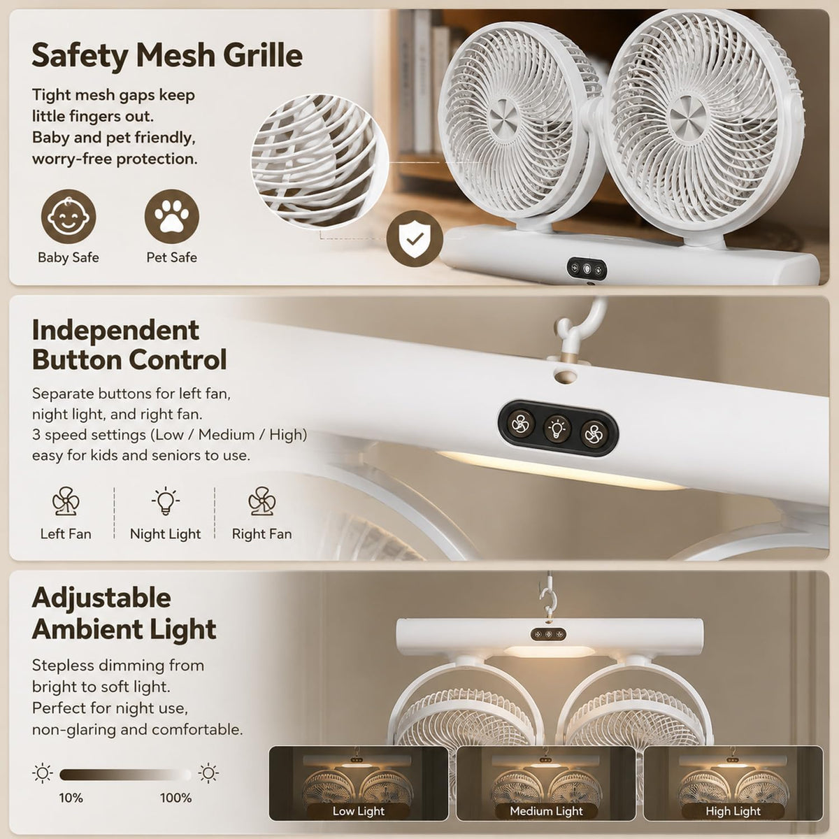 Dual Head Ceiling Fan 2-in-1 USB Desk Fan, 3-Speed Quiet Airflow with Light (White)