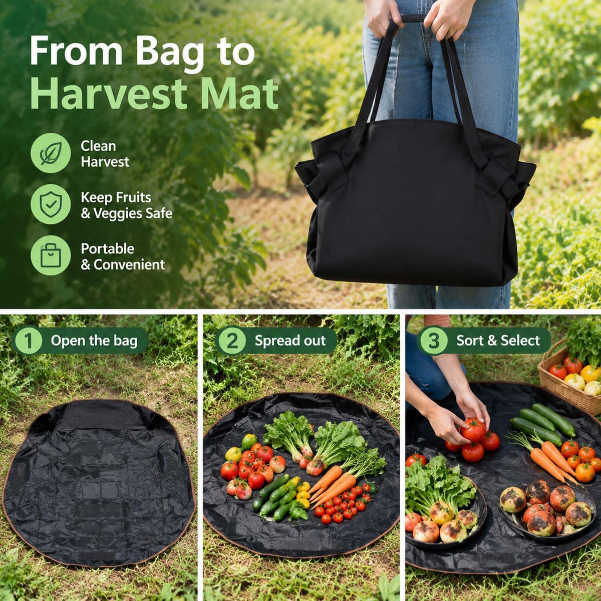 Picking Bag Water-Resistant Shoulder Harvest Bag Woven Sack for Orchard (Black)