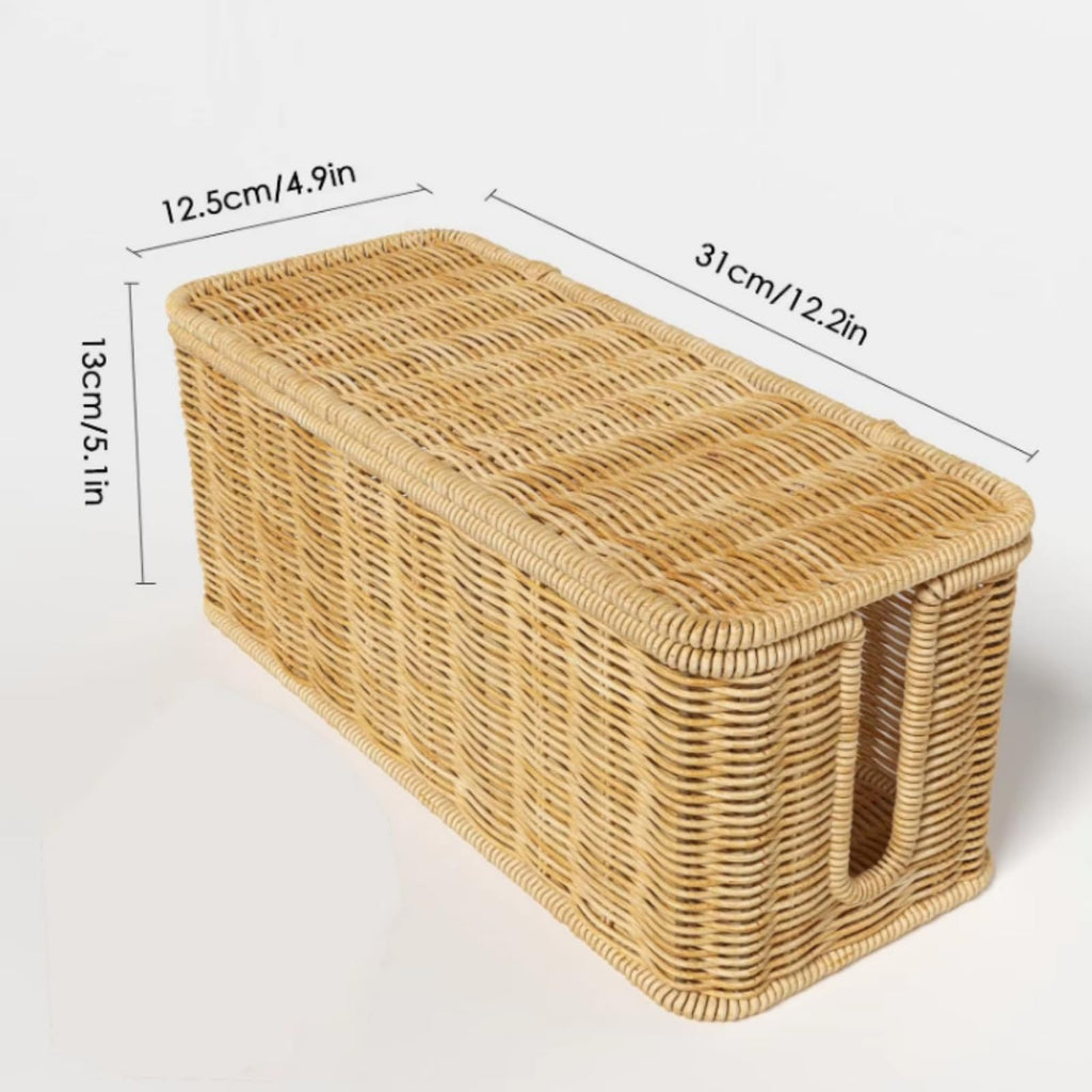 Handwoven Rattan Cable Management Box, Rattan Cable Organizer, Wicker Cable Management Box, for Cables, Chargers, Electronics (White)