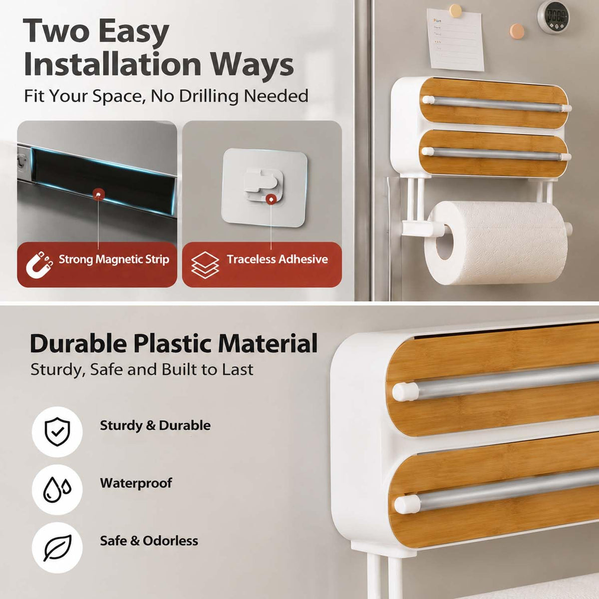 Magnetic Foil & Plastic Wrap Organizer, 3-in-1 Dispenser with Cutter (B, XL)
