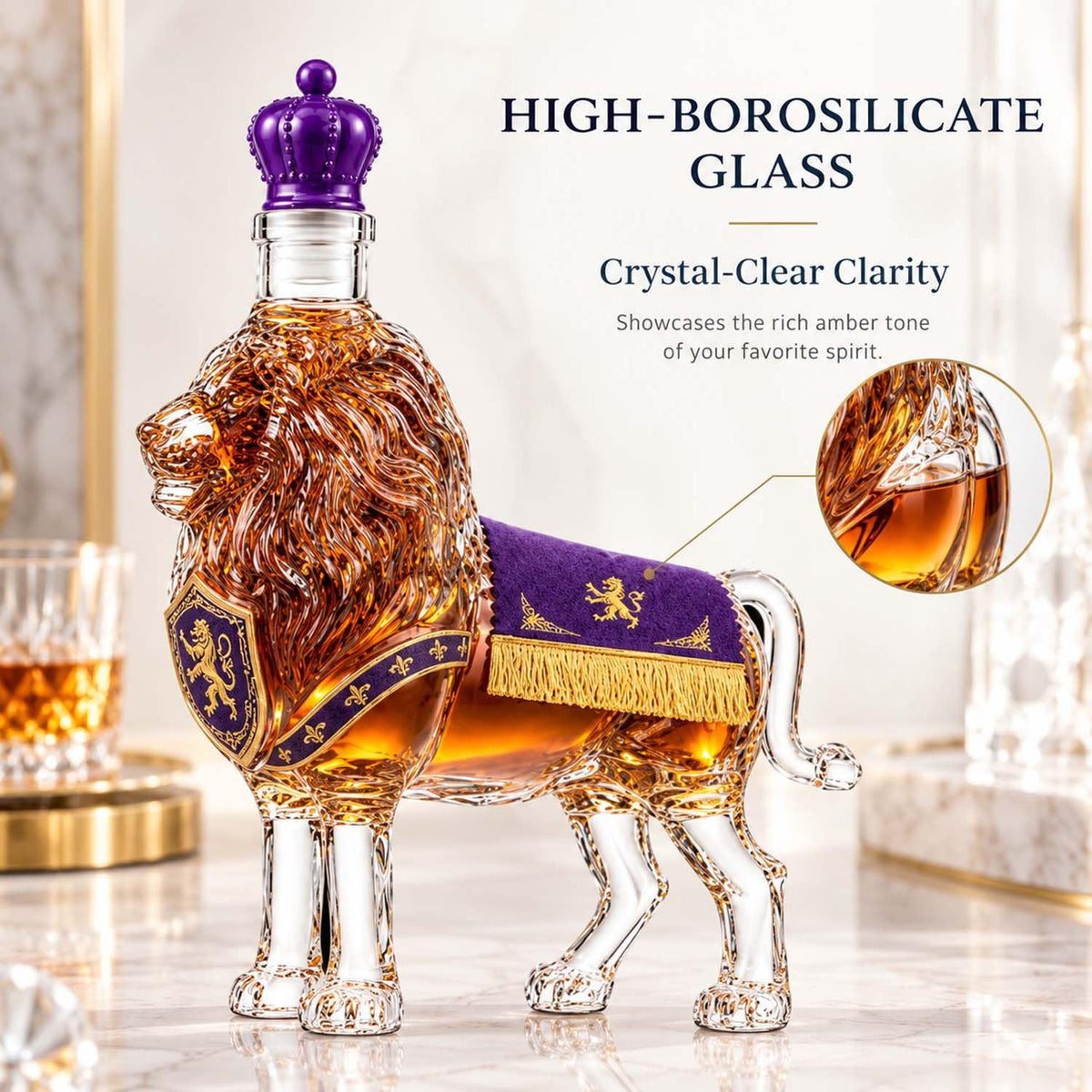 Royal Lion Whiskey Decanter, 3D Crown Glass Bottle