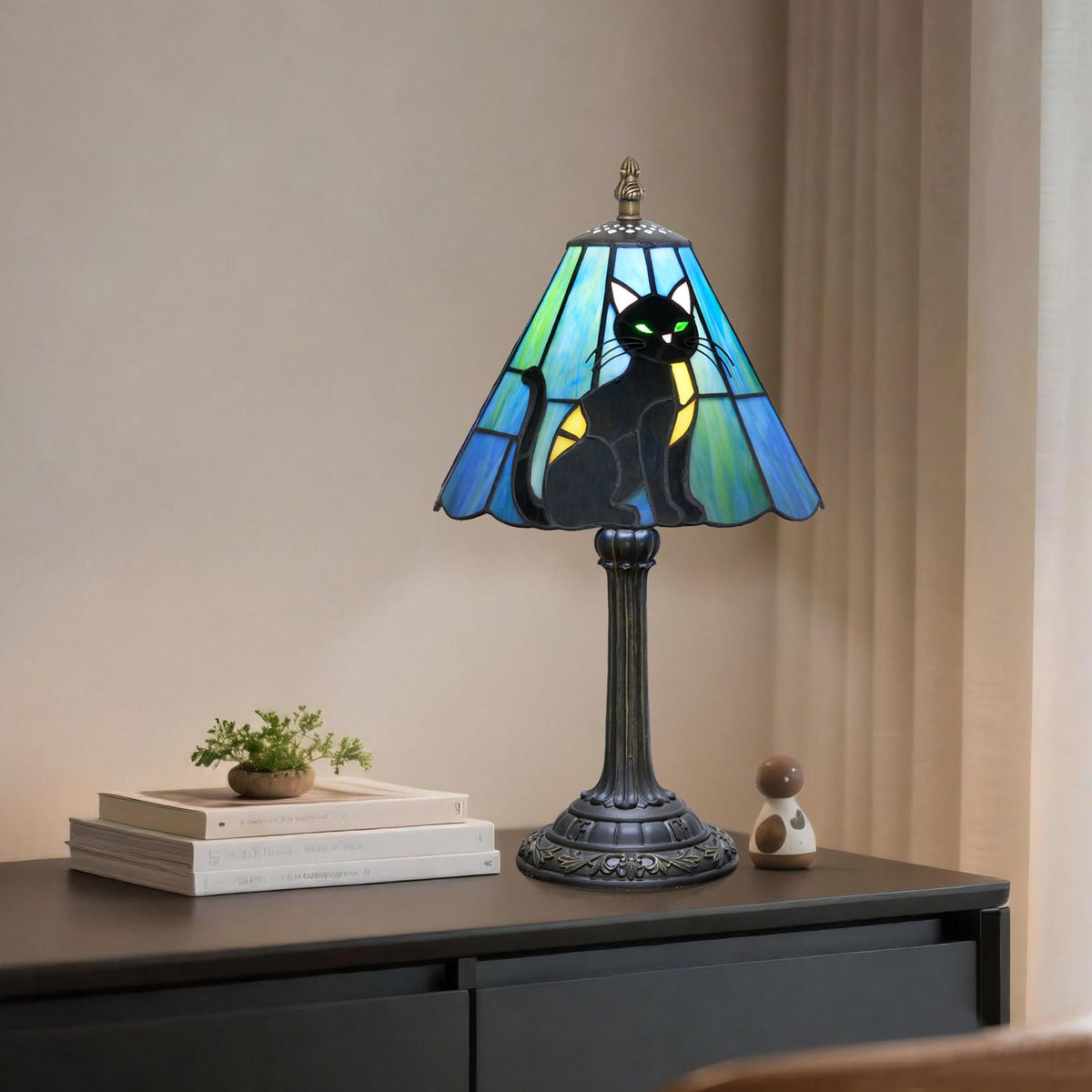 Tiffany Stained Glass Table Lamp Black Cat Bedside Lamp Home Decoration