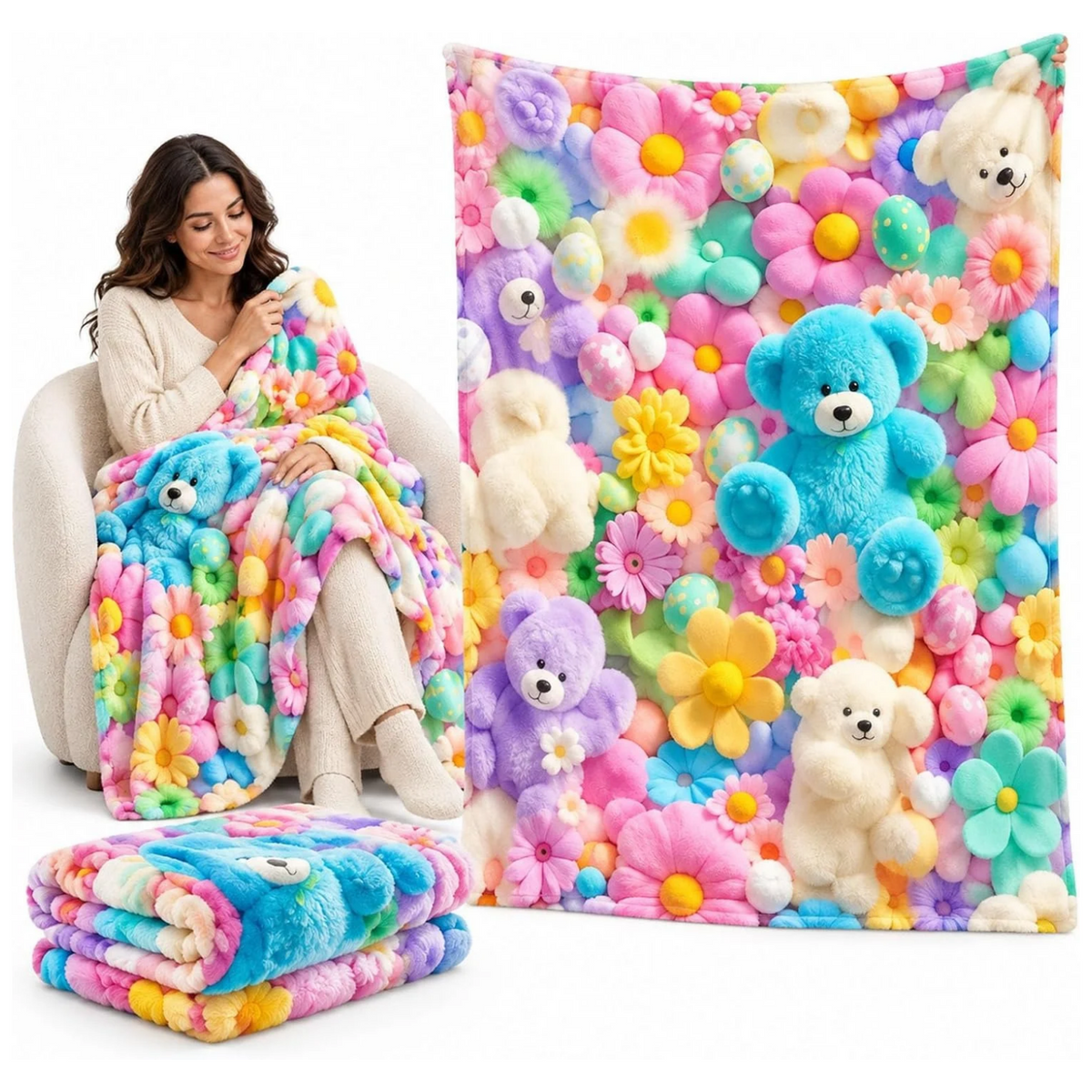 3D Plush Throw Teddy Bear Blanket, Fluffy Flannel Comfort，A：51×59 in