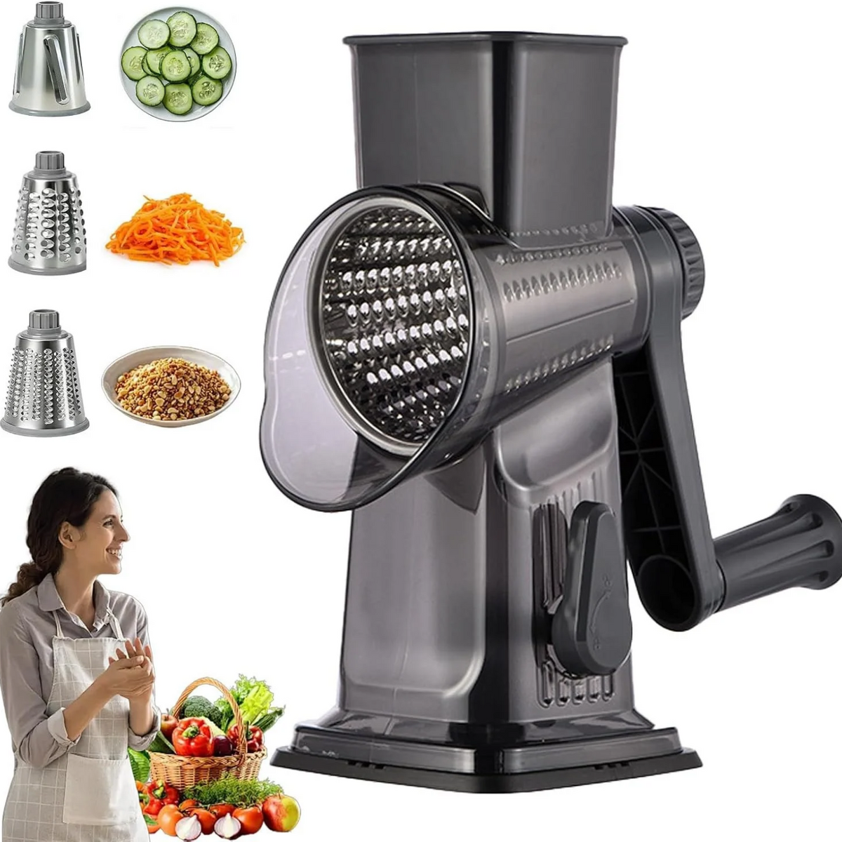 3-In-1 Manual Rotary Cheese Grater Vegetable Slicer with Suction Base
