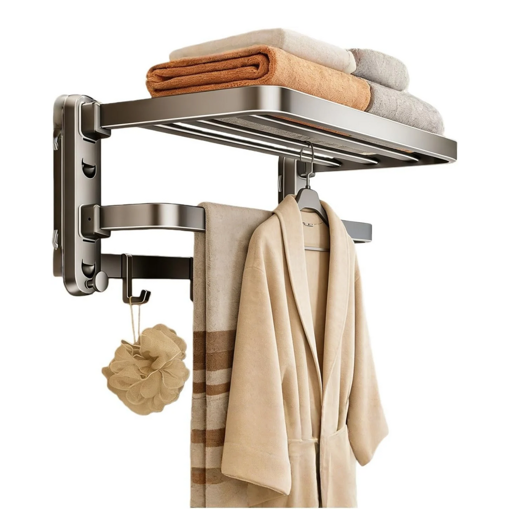 Bathroom Towel Rack, Double Foldable Wall Mounted Shelf with Suction Cups and Hooks