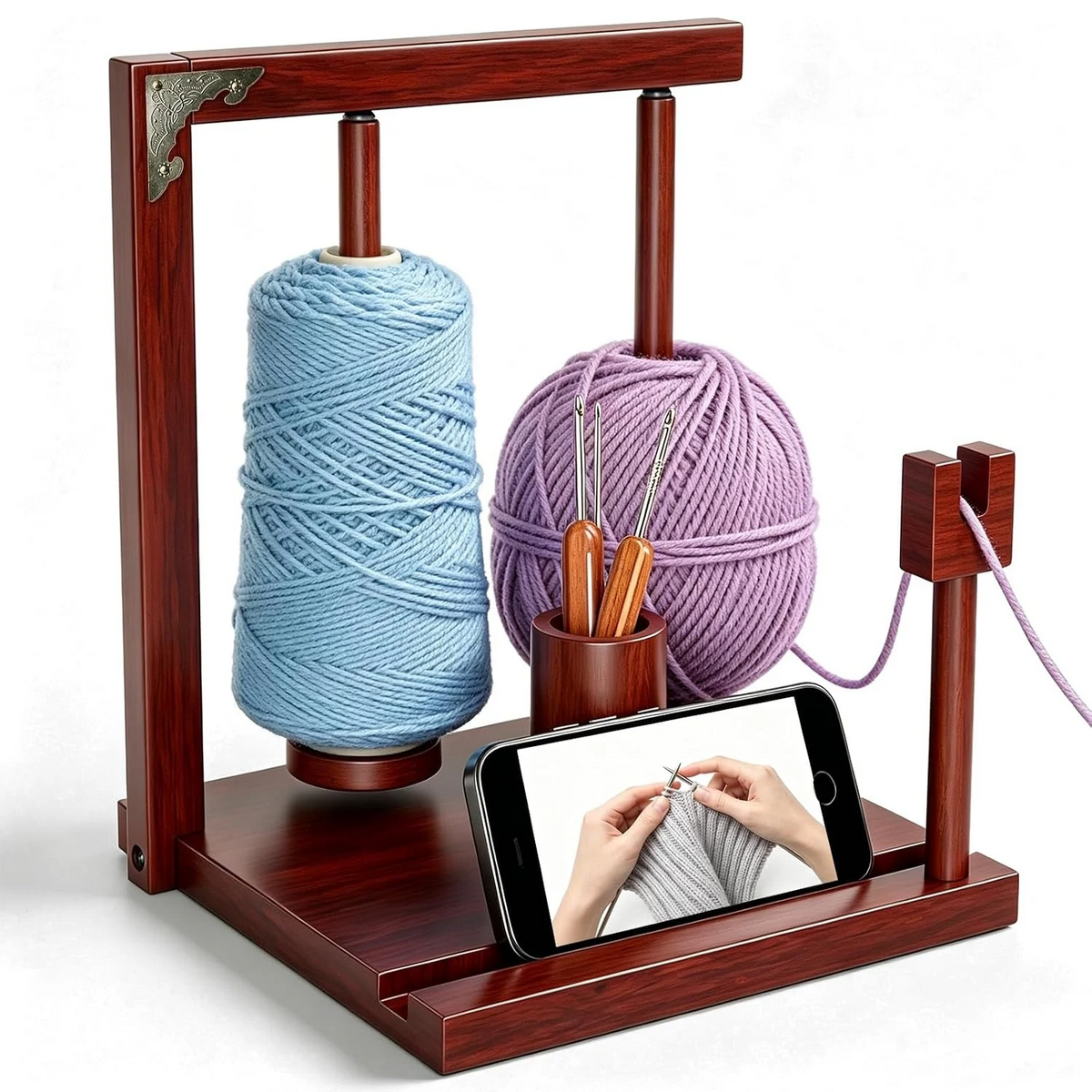 Wooden Yarn Holder for Crocheting, Double Magnetic Spindles Yarn Spinner