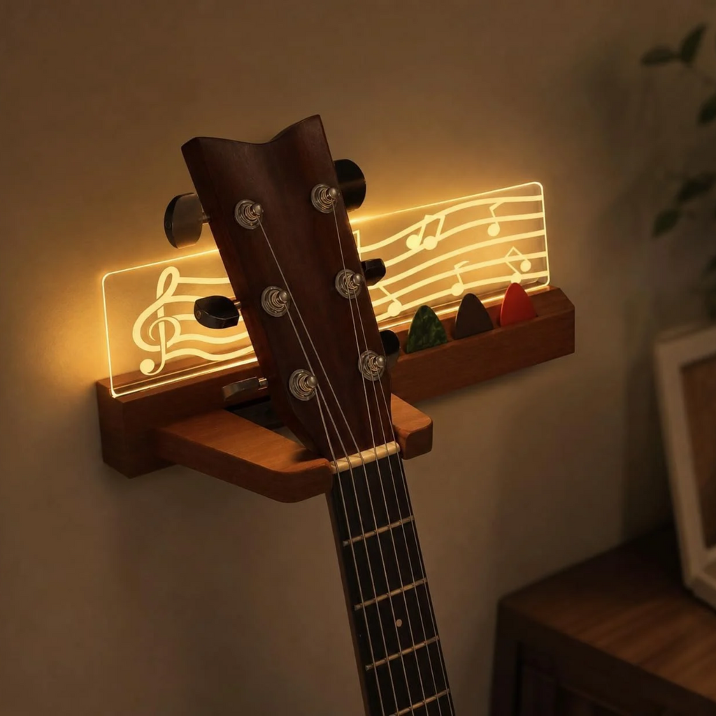 LED Guitar Wall Mount with Shelf, Wooden Guitar Hanger with Pick Holder, USB Powered