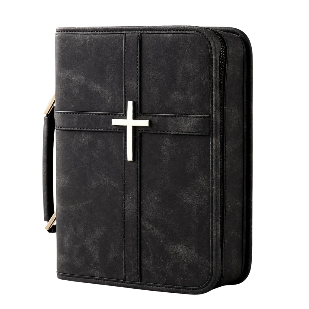 Vegan Leather Bible Cover for Men Women, Black Bible Case with Zipper Handle