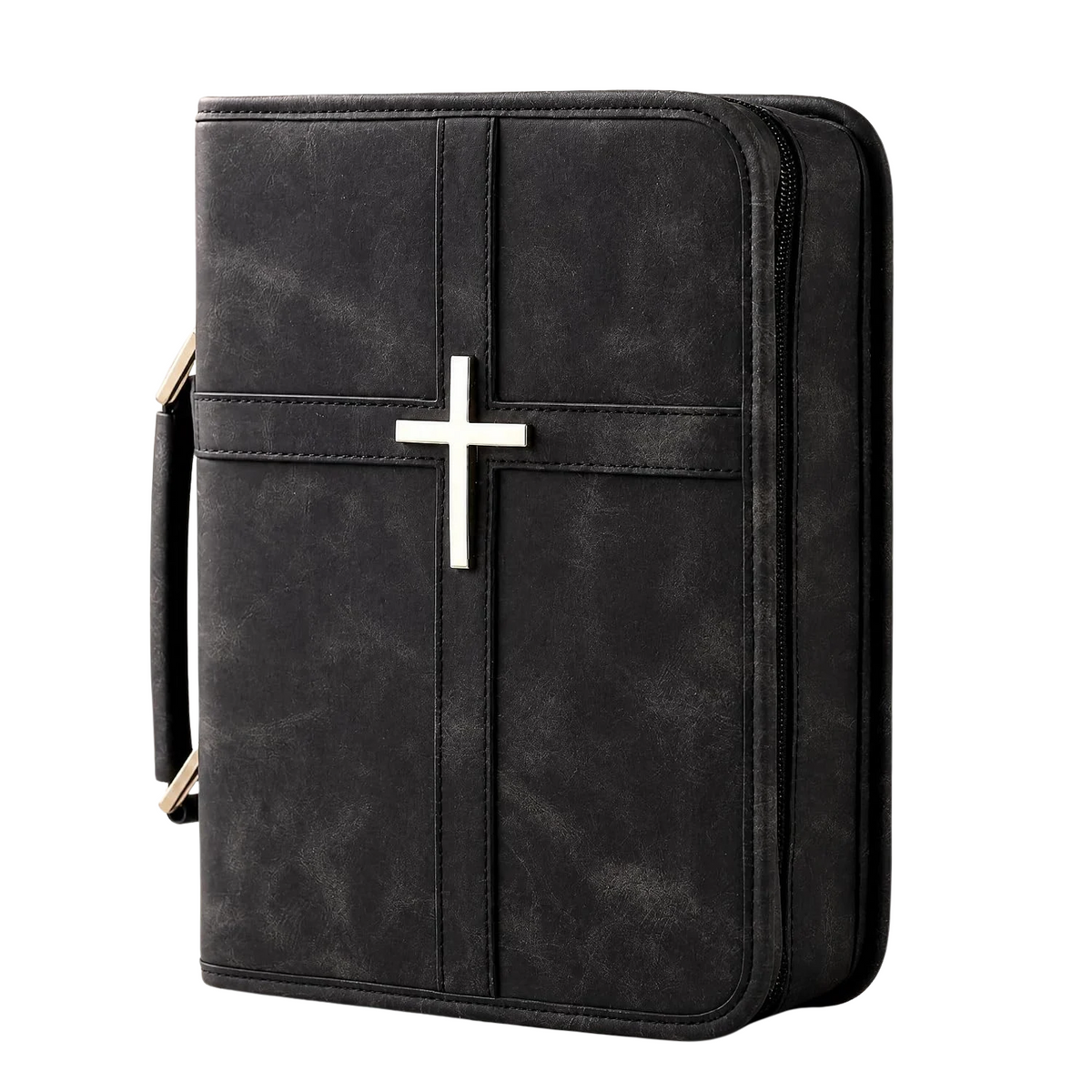 Vegan Leather Bible Cover for Men Women, Black Bible Case with Zipper Handle