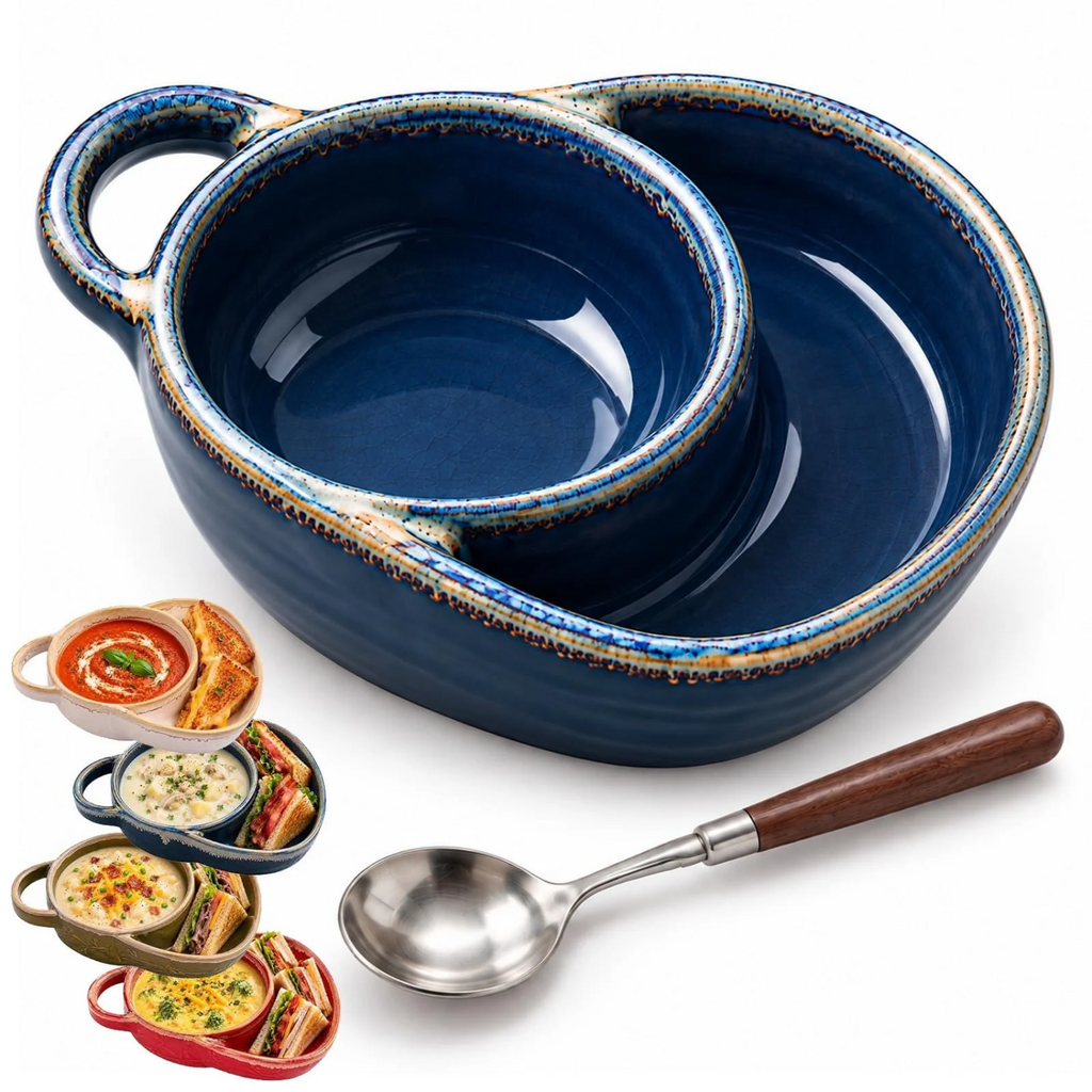 Soup and Sandwich Bowls Combo, Ceramic Soup Bowls with Bread Holder (Blue)