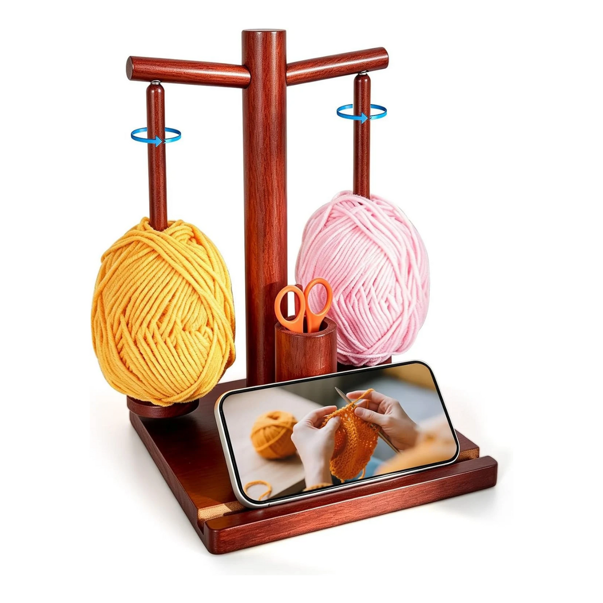 Wooden Yarn Holder for Crocheting and Knitting with Dual Magnetic Spindles