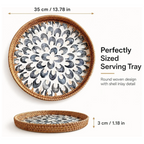 Round Rattan Tray with Shell Inlay, Decorative Serving Tray for Home Decor