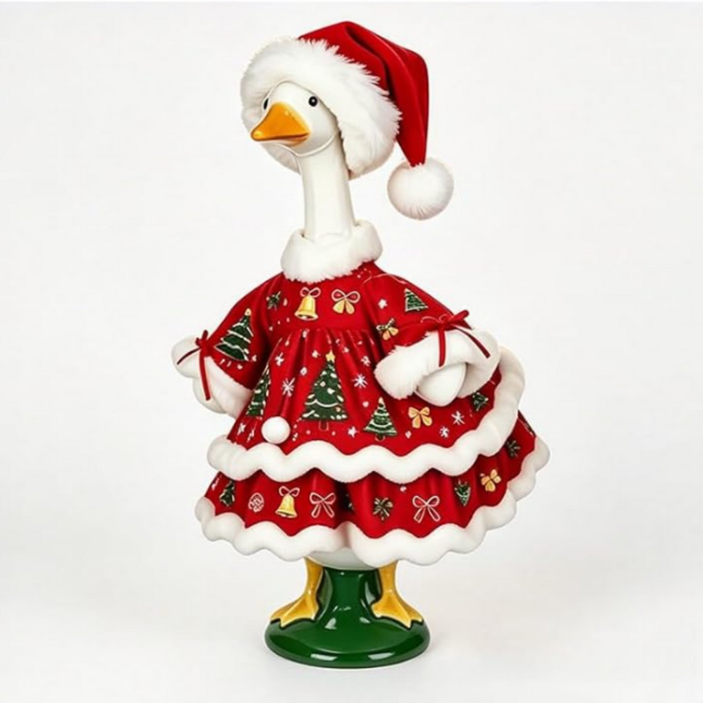 Christmas Porch Goose Outfit Green Fuzzy Costume Holiday Decor (#C) Festive Outdoor Style: Dress Your Porch Goose With A Green Costume For Christmas Displays And Seasonal Yard Decor