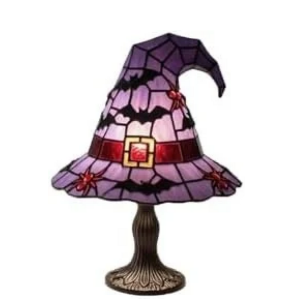 Stained Glass Style Witch Hat Lamp, Halloween Tiffany Style Resin Table Light, Gothic Wizard Night Light Accent Decor for Bedroom, Bookshelf and Home Office Desk (7.87in Purple Bat)