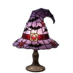 Stained Glass Style Witch Hat Lamp, Halloween Tiffany Style Resin Table Light, Gothic Wizard Night Light Accent Decor for Bedroom, Bookshelf and Home Office Desk (7.87in Purple Bat)