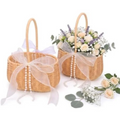 2 Pcs Wedding Flower Girl Basket, 11.8 * 8.7 * 5.1in Wicker Rattan Flower Girl Baskets, with Pearl Handle and 4 Bow, for Wedding Home Decoration Bridal Party