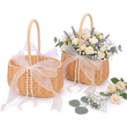 2 Pcs Wedding Flower Girl Basket, 11.8 * 8.7 * 5.1in Wicker Rattan Flower Girl Baskets, with Pearl Handle and 4 Bow, for Wedding Home Decoration Bridal Party