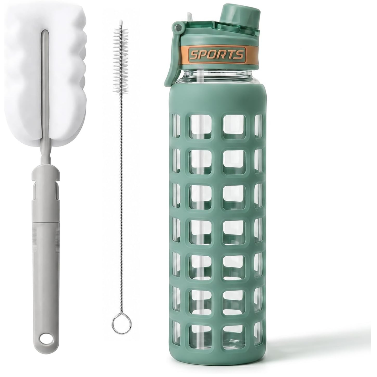 32 oz Borosilicate Glass Water Bottle, 2-in-1 Lid with Silicone Sleeve, Green