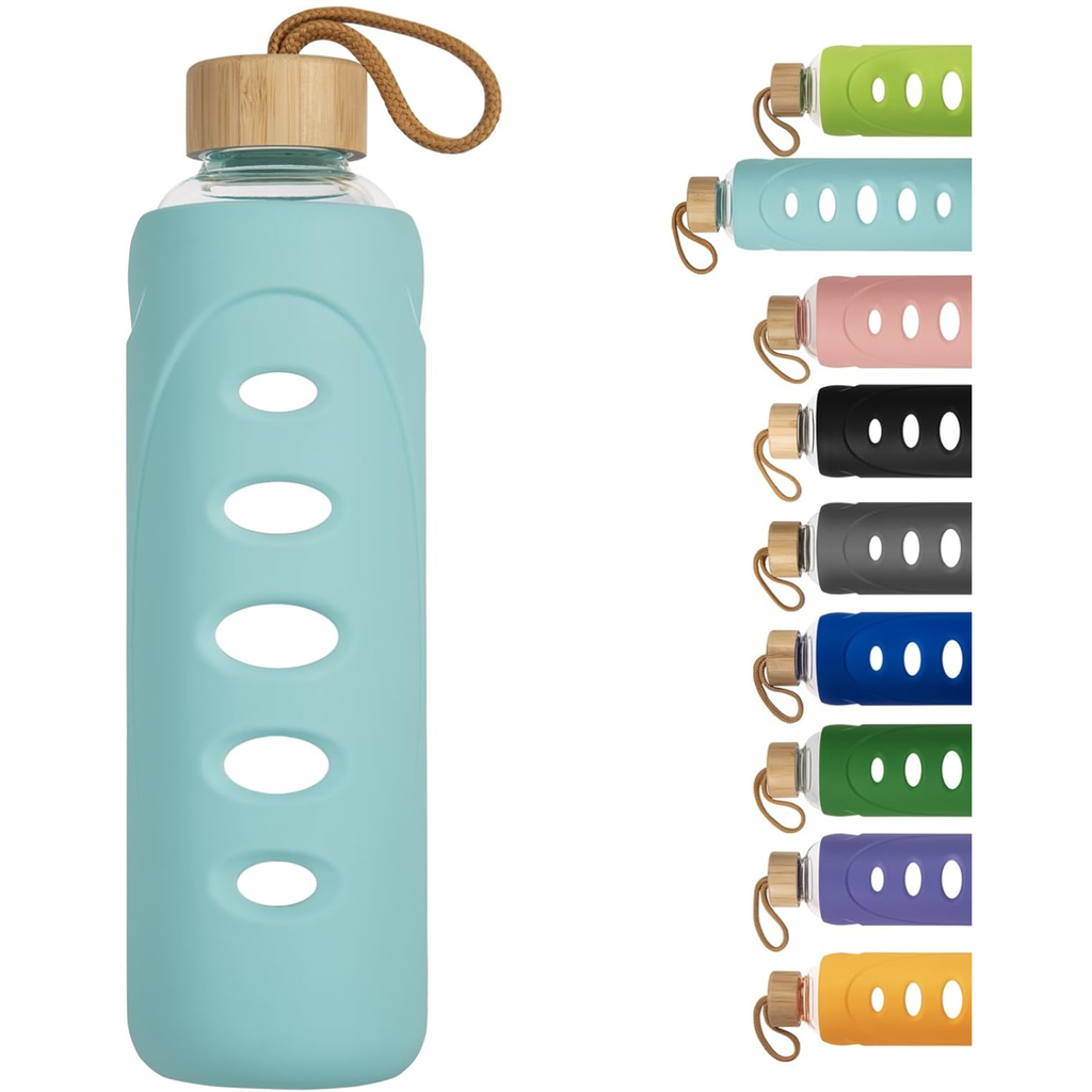 32 oz Narrow Mouth Glass Water Bottle with Windowed Silicone Sleeve