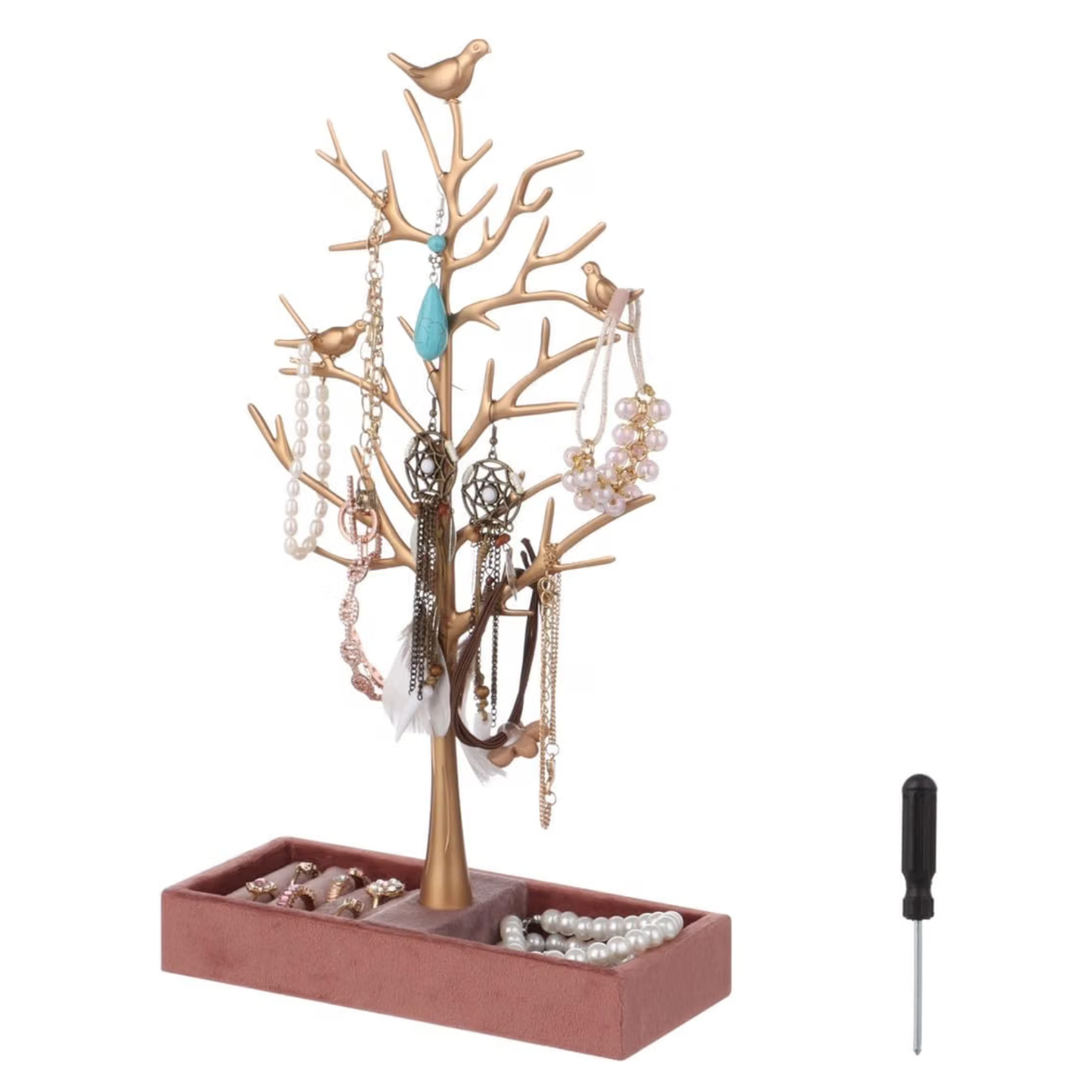 Tree Jewelry Rack with Wood Tray, Bird Jewelry Stand for Rings, Earrings, Necklaces & Bracelets