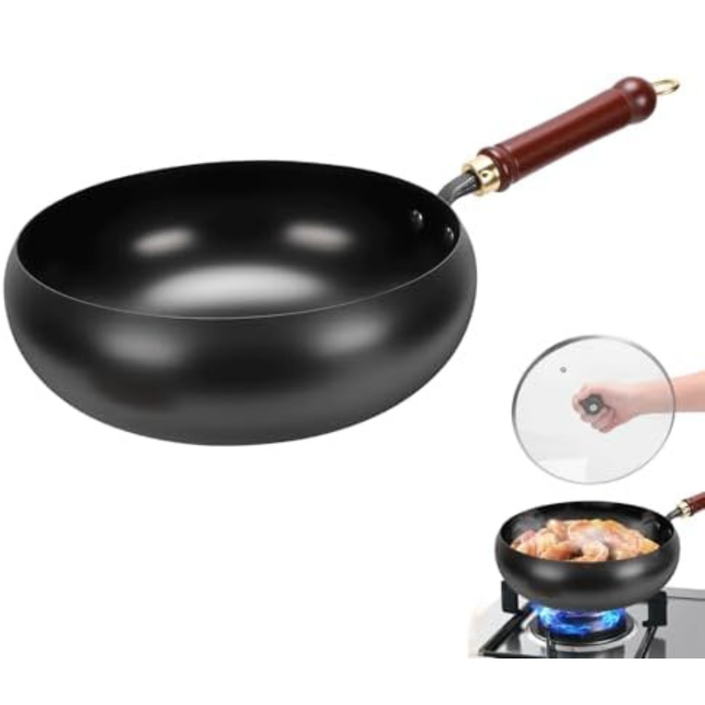 Gugxiom Suntuup Japanese Iron Pan, 28cm/11in Cast Iron Wok (Glass lid)