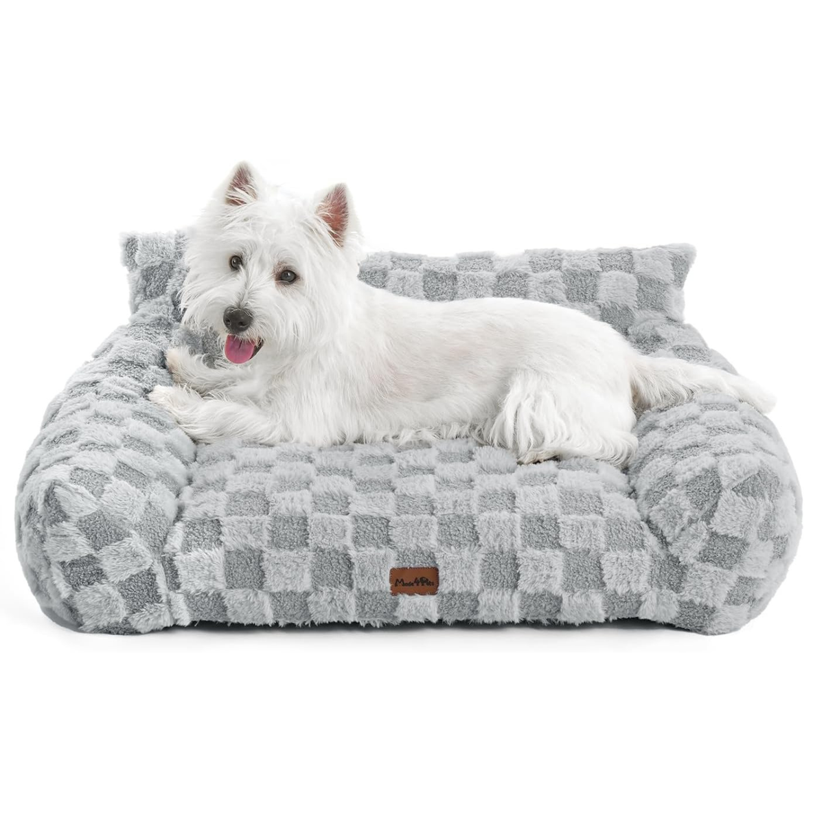 Made4Pets Faux Fur Pet Sofa Bed, Cozy Checkered Couch with Washable Cover, Grey