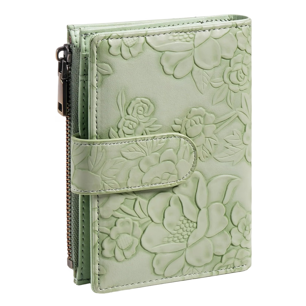 Light Green PU Leather Trifold Wallet for Women, RFID Blocking Purse with Card Slots & Coin Pocket