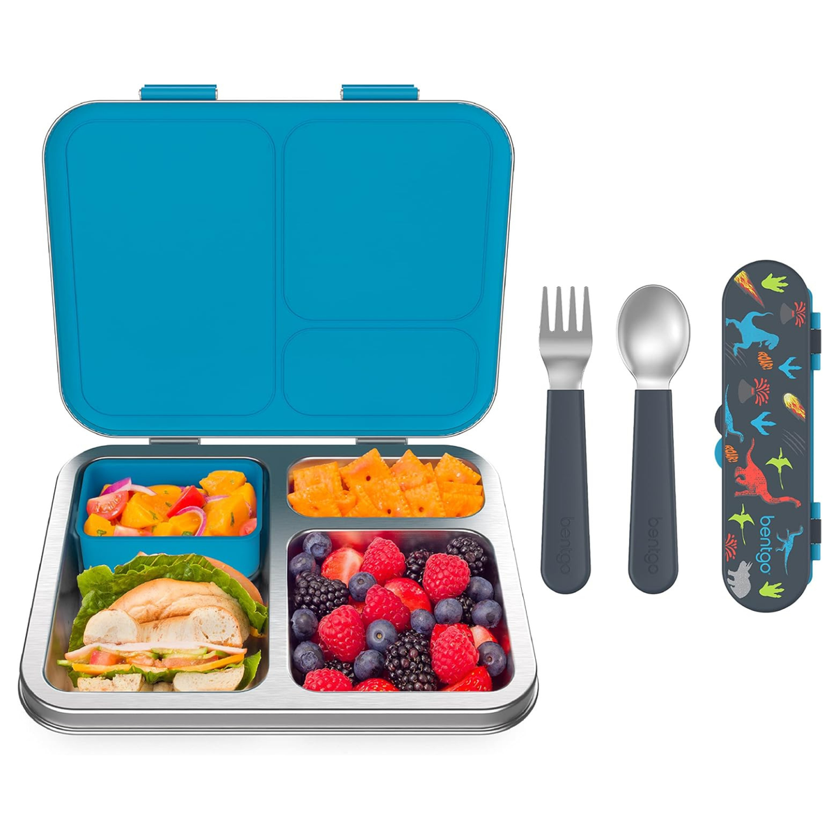 Kids Stainless Steel Prints Lunch Box Set With Reusable Stainless Steel Utensils (Dinosaur)