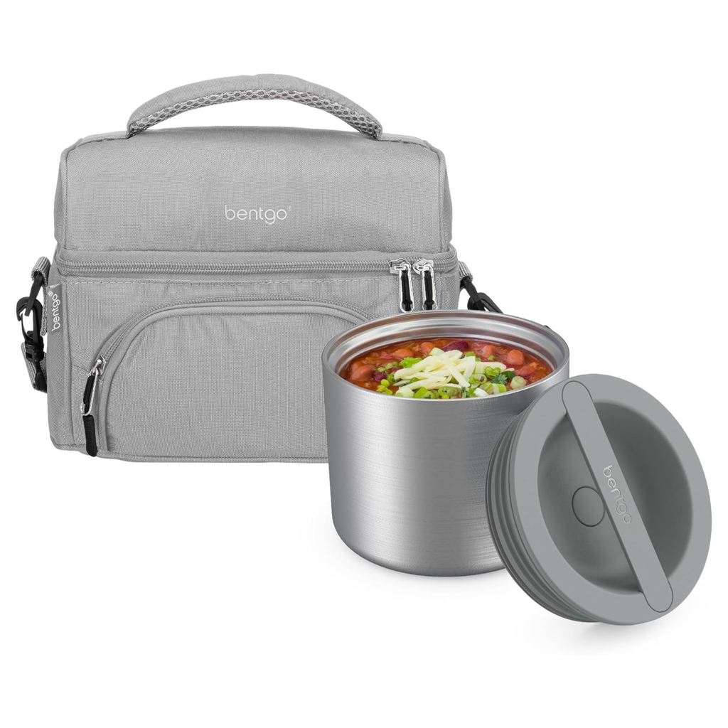 Stainless Steel Food Canister (Steel) and Deluxe Lunch Bag Set (Gray)