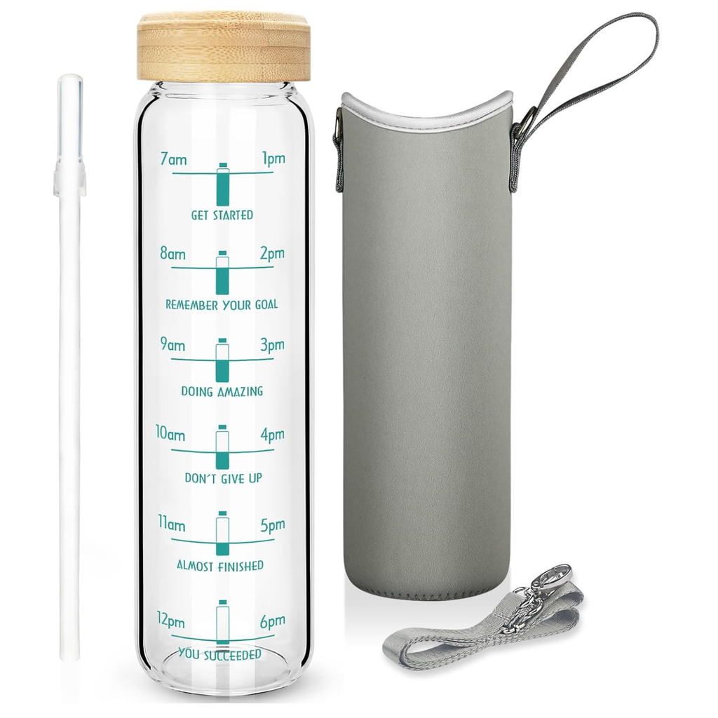 32 oz Borosilicate Glass Water Bottle with Straw, Time Marker & Bamboo Lid